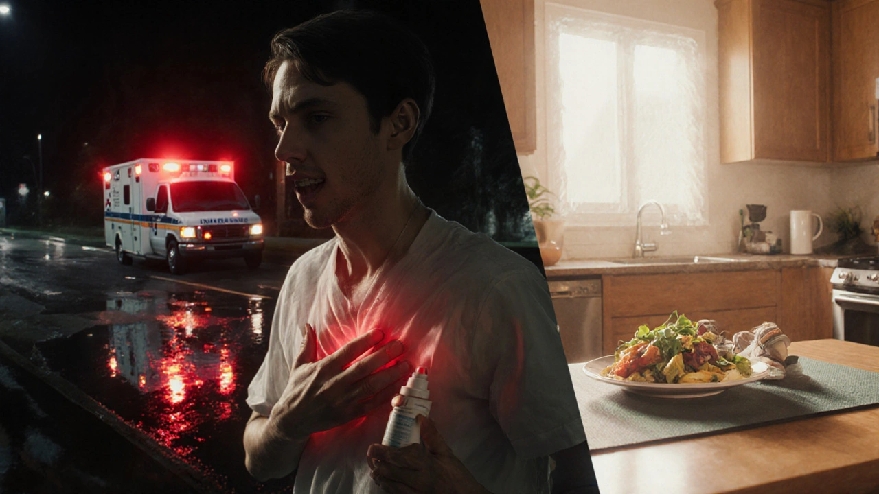 A digital painting of a person in chest pain, an ambulance, and a lifestyle scene with healthy food and exercise.