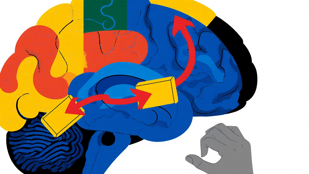 Abstract brain with dopamine pathways and Loxapine molecules, showing tremor.