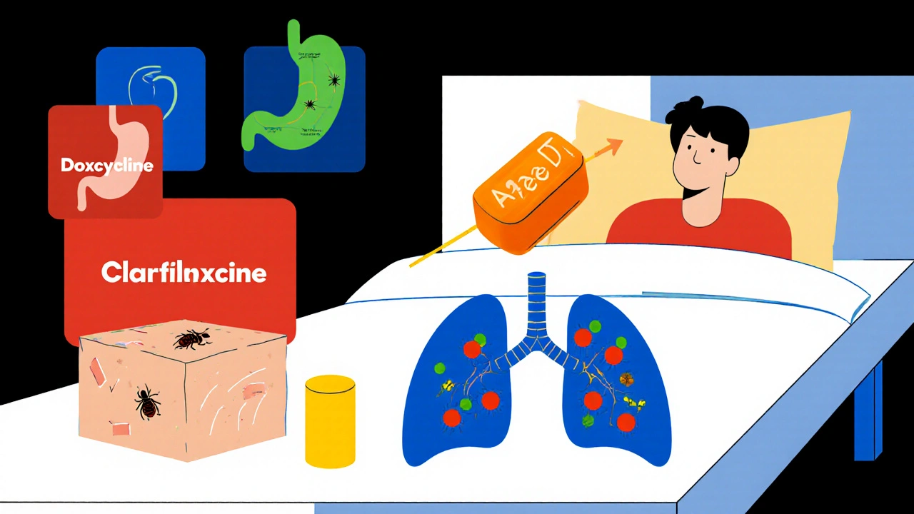 Azzie DT tablet hovering over lungs stopping red bacteria, with other drug icons nearby.