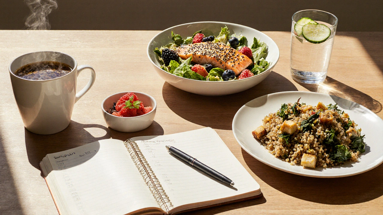 Bright kitchen scene showing oatmeal breakfast, salmon salad lunch, quinoa dinner, and a food journal.