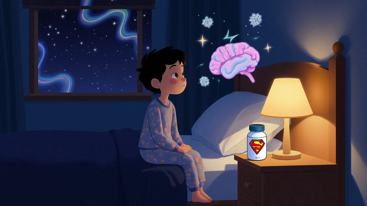 Child takes bedtime dose beside a glowing night‑lamp, with calm brain imagery.