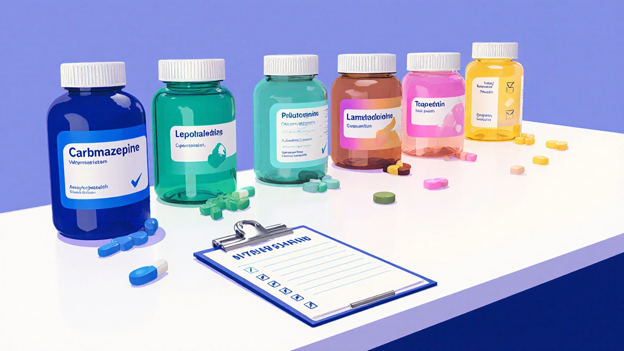 Colorful row of epilepsy medication bottles on a pharmacy counter.