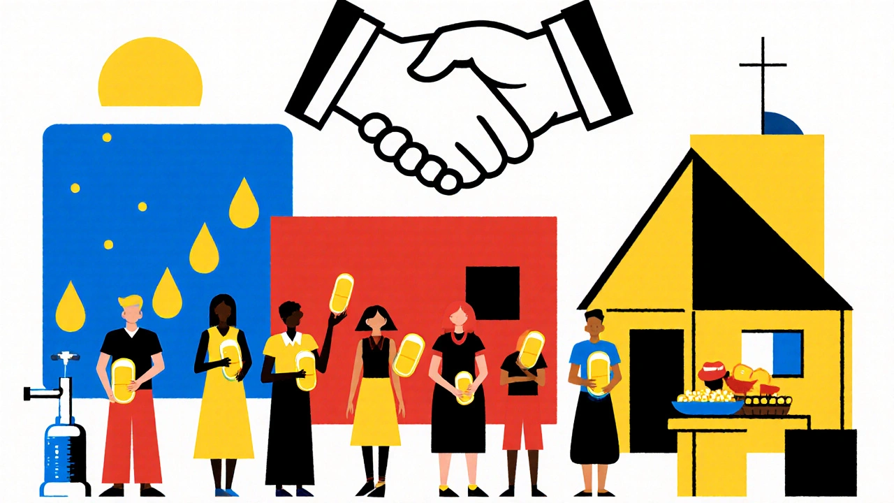 Community scene with water well, school, market and people holding primaquine pills, symbolizing SDG impact.