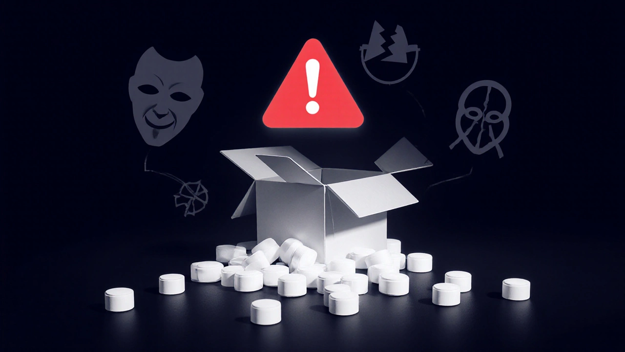 Delivery box opened with generic Nexium capsules spilling out and a warning icon.