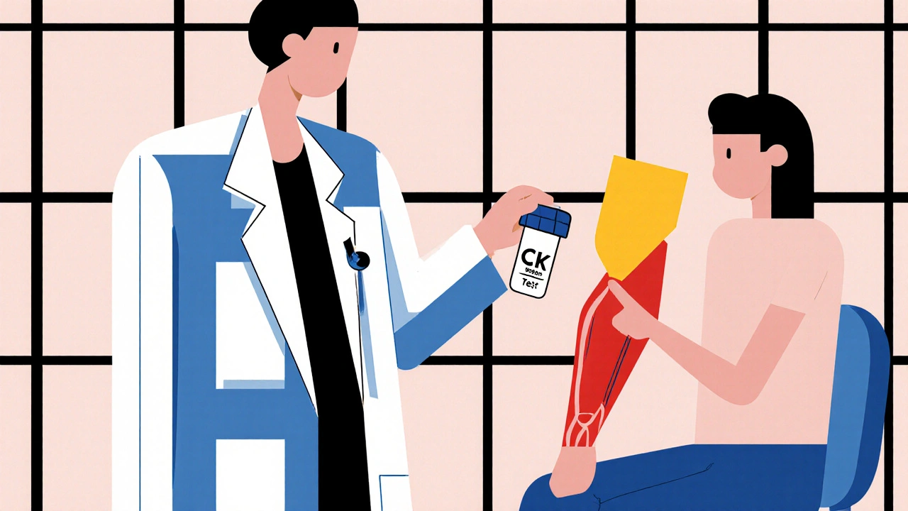 Doctor and patient discussing a blood test, with abstract muscle and test tube in De Stijl illustration.