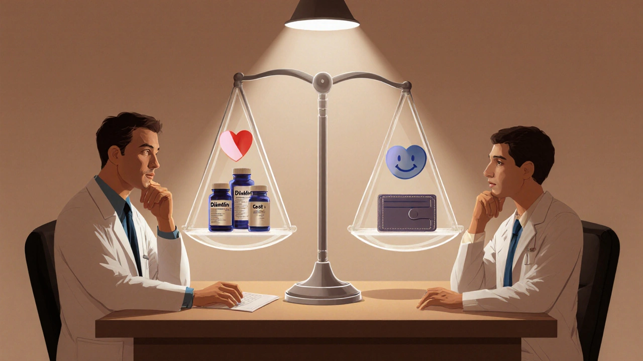 Doctor and patient weighing medication benefits on a scale in a calm clinic.