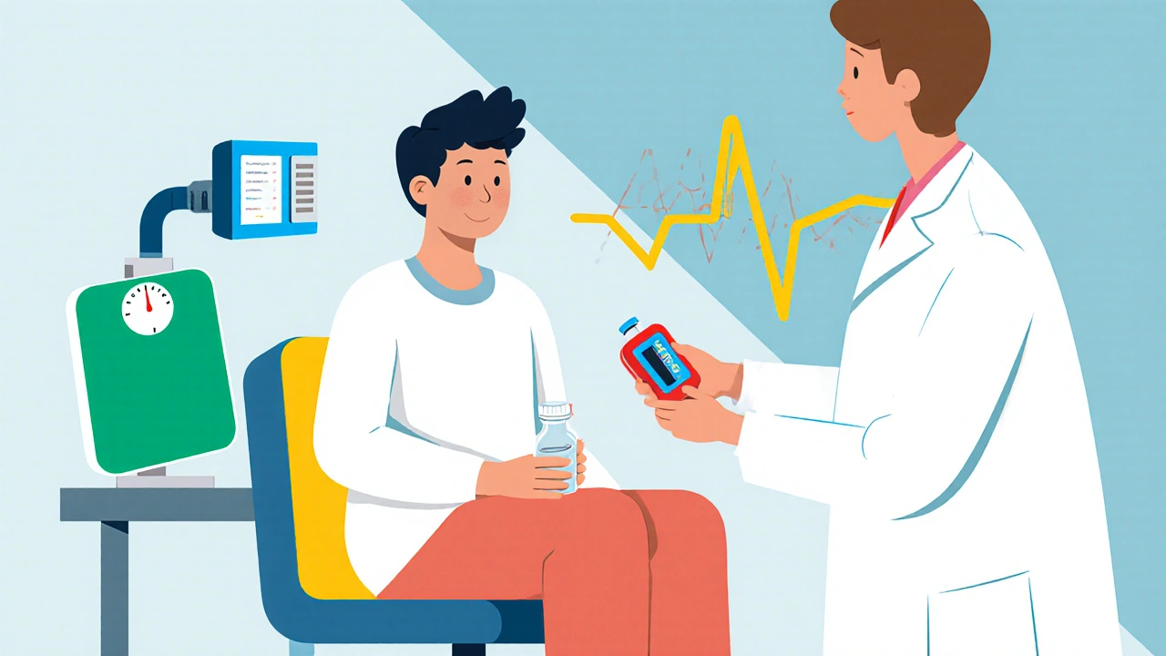 Doctor checking teen's vitals and medication in a stylized clinic setting.