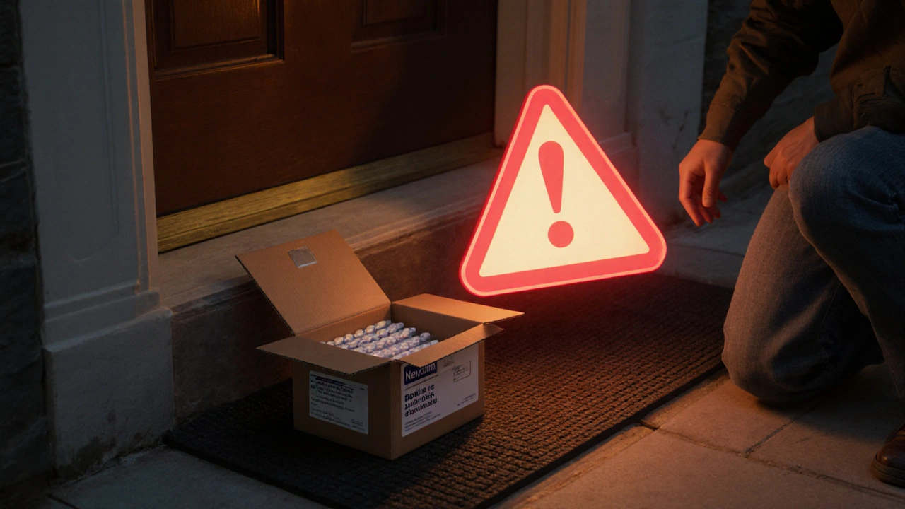 Evening doorstep delivery box of Nexium capsules, person inspecting label with warning glow.