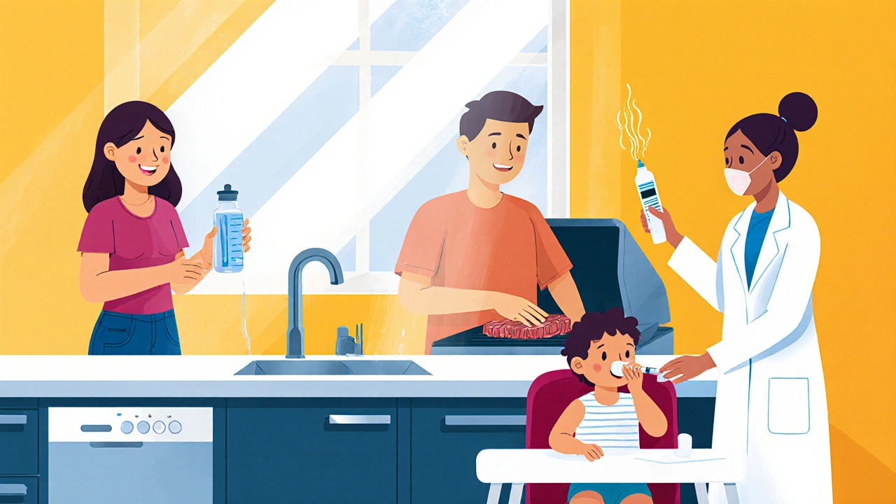 Family in kitchen washing hands, cooking meat, child drinking water, nurse giving infant rotavirus vaccine.
