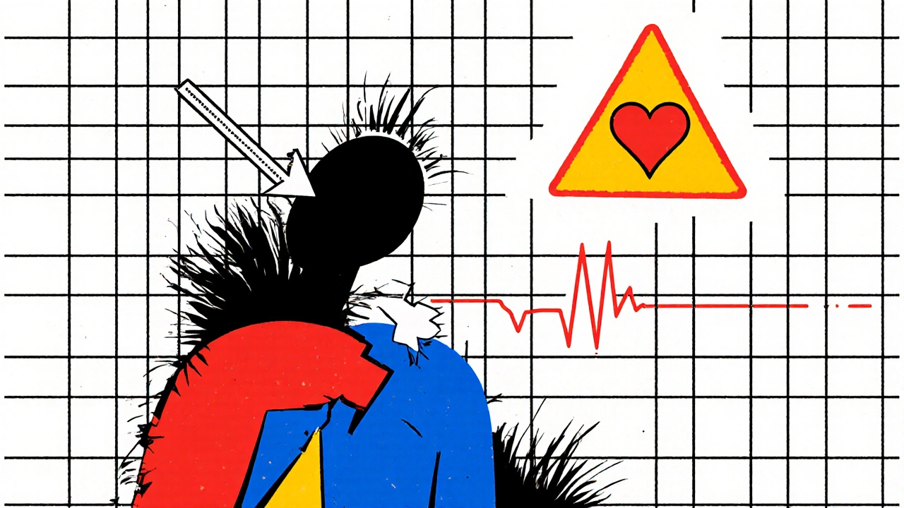 Figures dissolving as dose tapers, with pulsing heart warning in abstract style