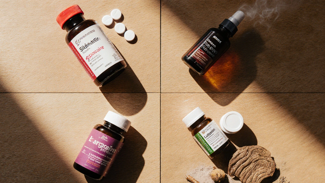 Flat lay of ED pills, PE tablets, lidocaine spray, and natural supplement ingredients.