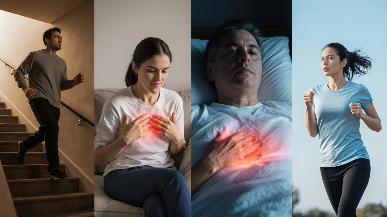 Four-panel photo showing stair climbing, resting chest pain, early morning bedroom pain, and a woman jogging with subtle chest pressure.