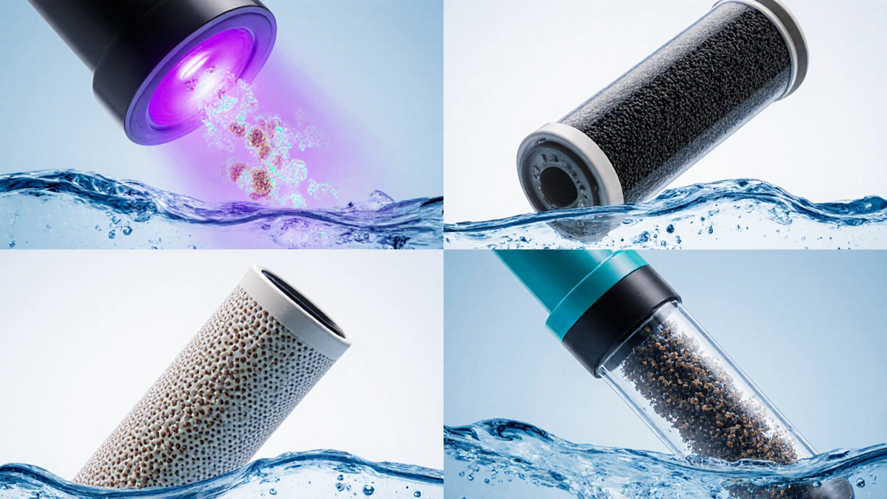 Four panels depicting UV, activated carbon, ceramic, and membrane filters each removing bacteria from flowing water.