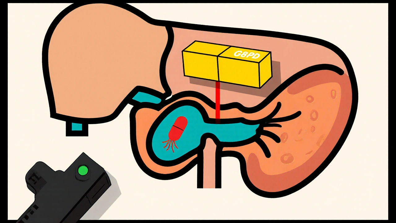 Geometric liver cross‑section showing primaquine erasing a red malaria hypnozoite.
