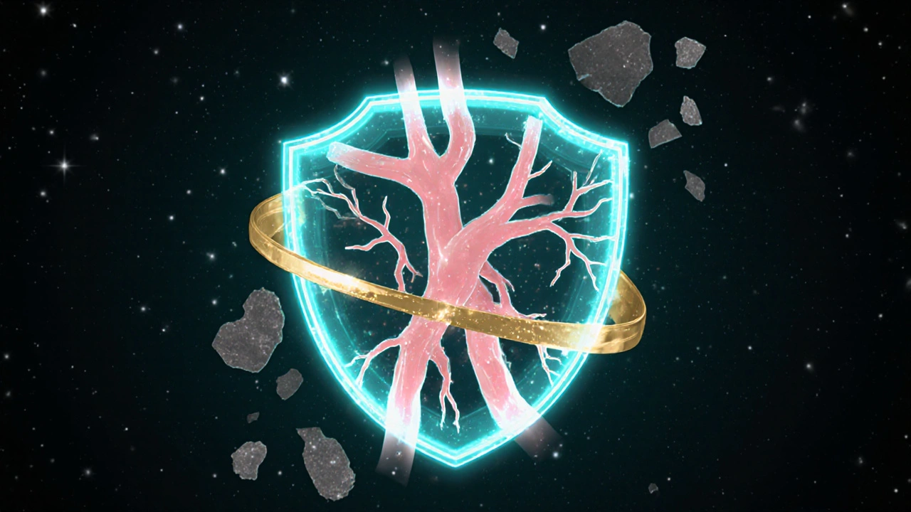Glowing shield surrounds clear arteries, keeping plaque outside the protected area.