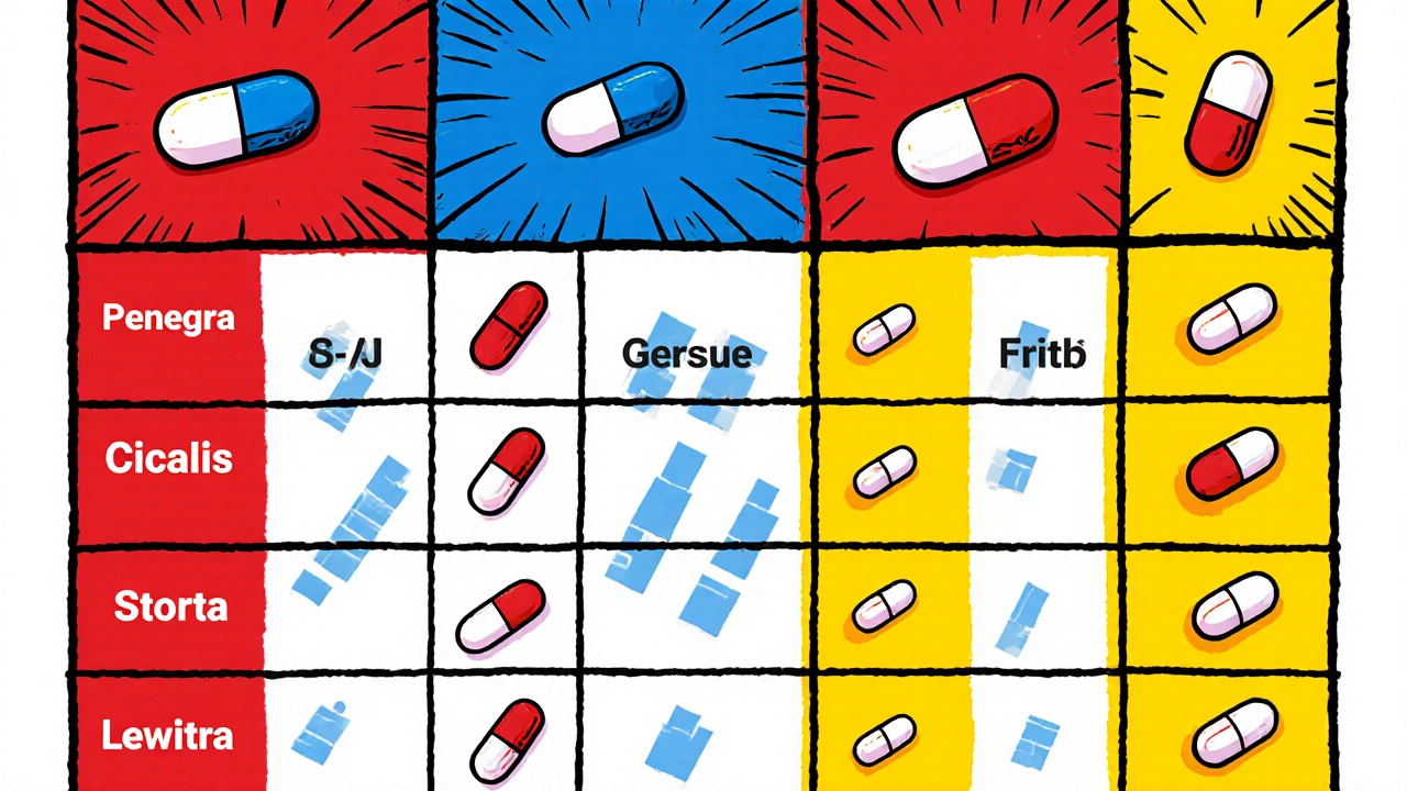 Grid of colorful pill icons for various ED meds arranged in De Stijl style.