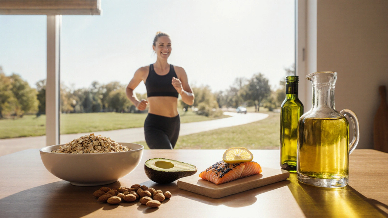 Healthy foods on a kitchen counter with a jogger visible through a sunlit window.