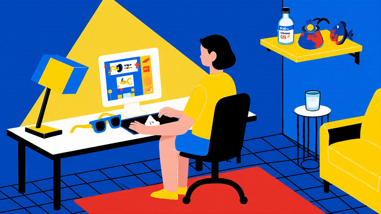 Home setting with person using large-screen computer, LED lighting, sunglasses, and supplements.