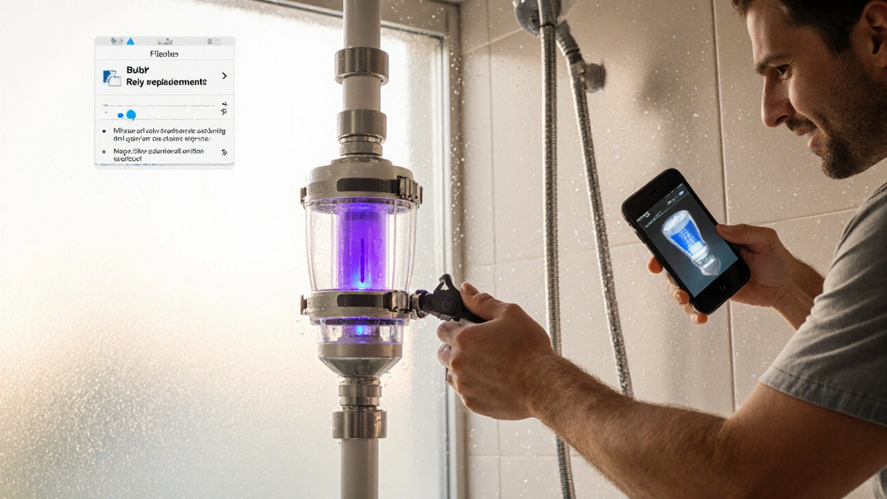 Homeowner installing a UV filter on a shower pipe with natural light, showing the glowing UV bulb and a reminder alert.