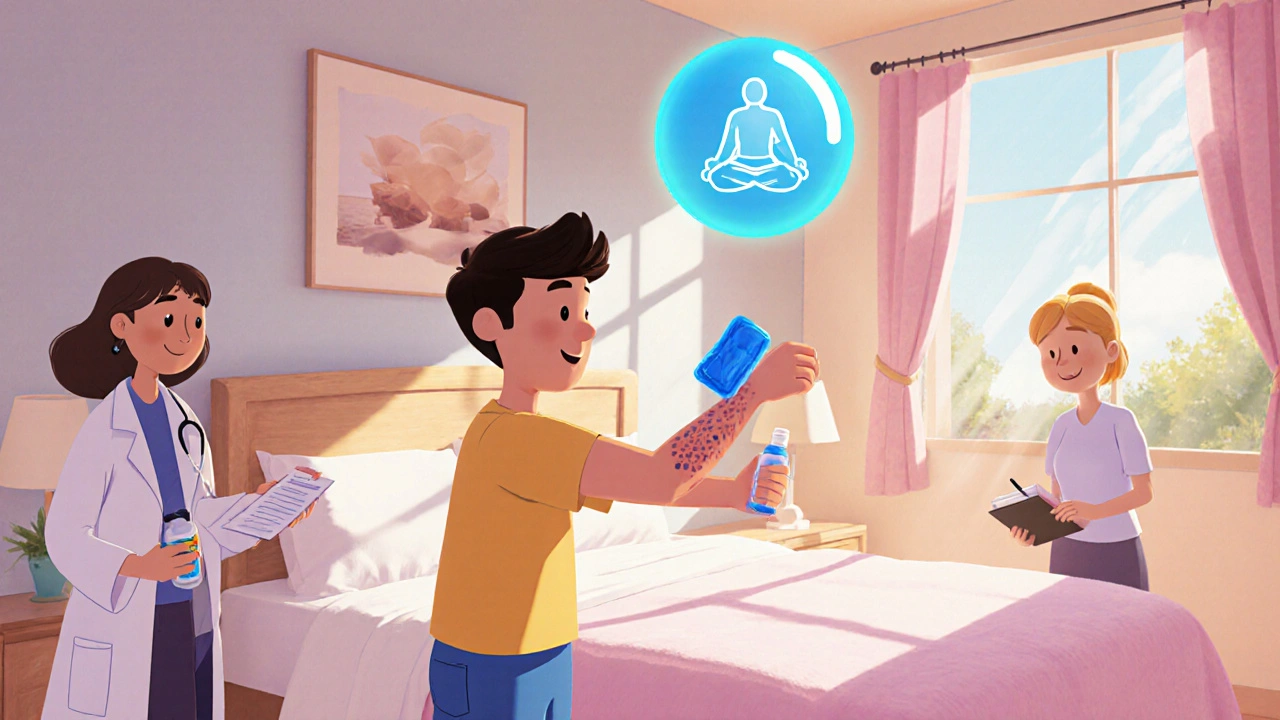 Hopeful Pixar illustration of person using moisturizer, cold pack, mindfulness, and sleeping peacefully.