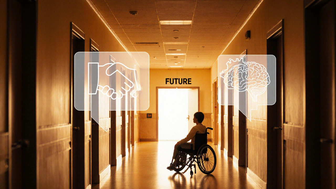 Illustrated hallway path showing icons of collaboration leading a student toward a bright future.