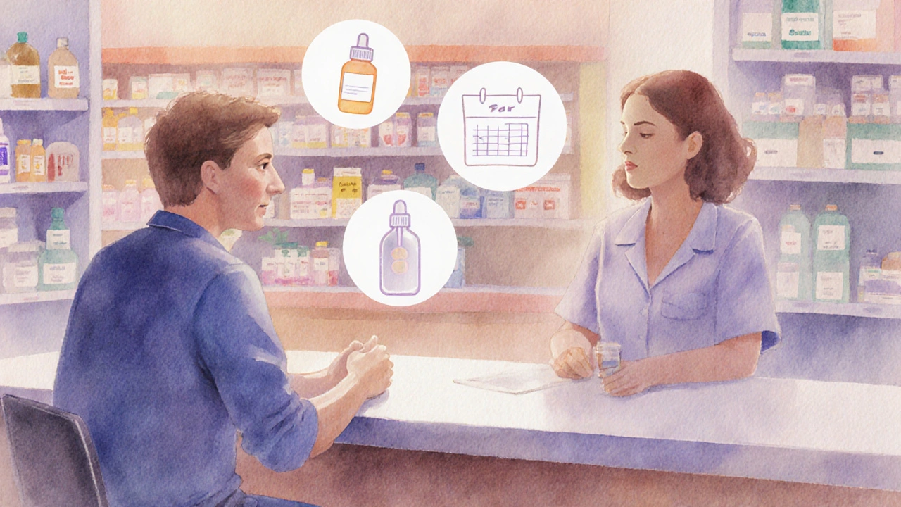 Man discussing treatment options with pharmacist, surrounded by subtle medication icons.