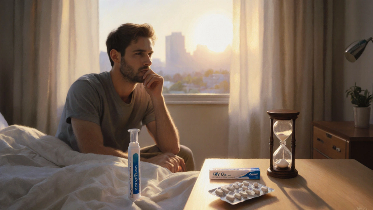Man seated on a bed contemplating V Gel, pill pack, and an hourglass on a nightstand.