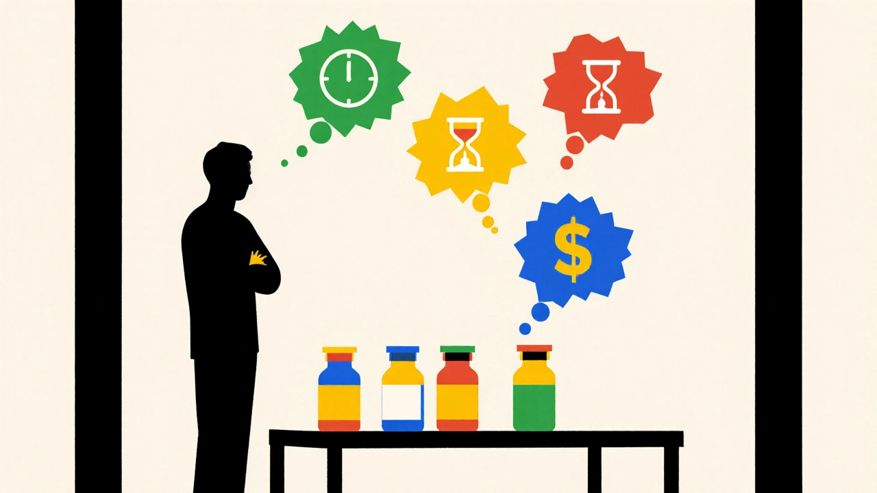 Man silhouette choosing among pill bottles with geometric thought bubbles indicating factors.