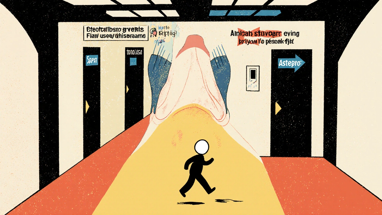 Nasal passage as a hallway with doors to steroid and antihistamine paths, illustrated in De Stijl geometric style.
