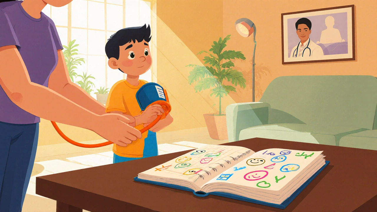 Parent checks child's blood pressure while child stands slowly, diary nearby.