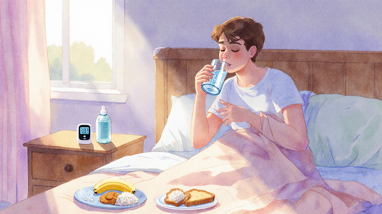 Person in bed sipping oral rehydration solution beside a plate of banana, rice, applesauce, and toast.