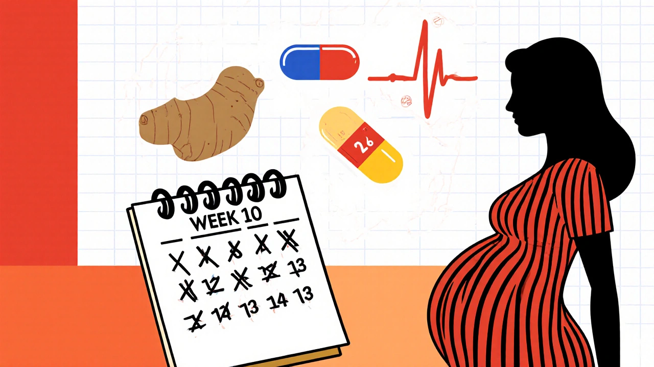 Pregnant silhouette with ginger, B6, and ECG icons in primary colors on grid