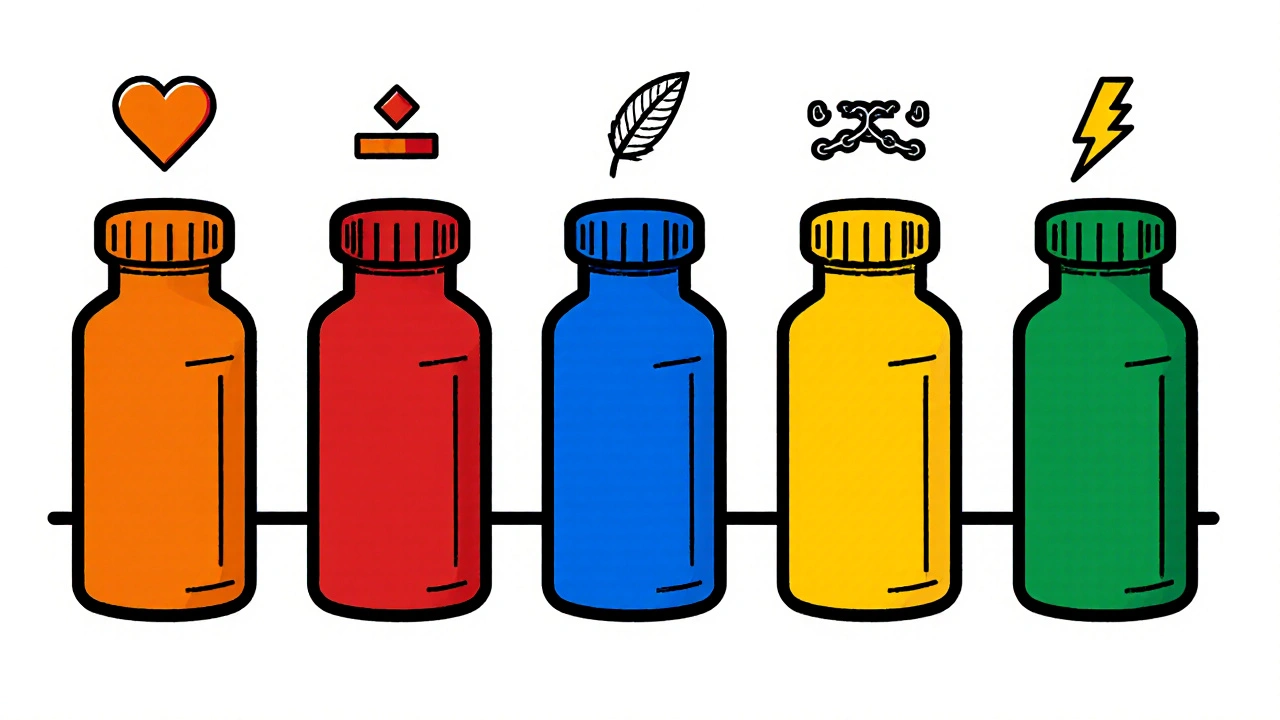 Row of five colored pill bottles with abstract side‑effect icons in a De Stijl layout.
