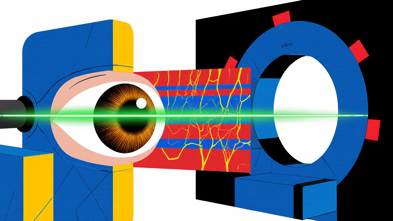 Scene of a patient undergoing OCT with a retinal layer view and MRI backdrop.