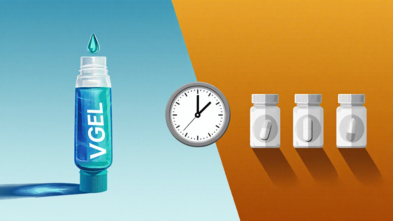 Split illustration showing V Gel droplet on one side and oral ED pills with a clock on the other.