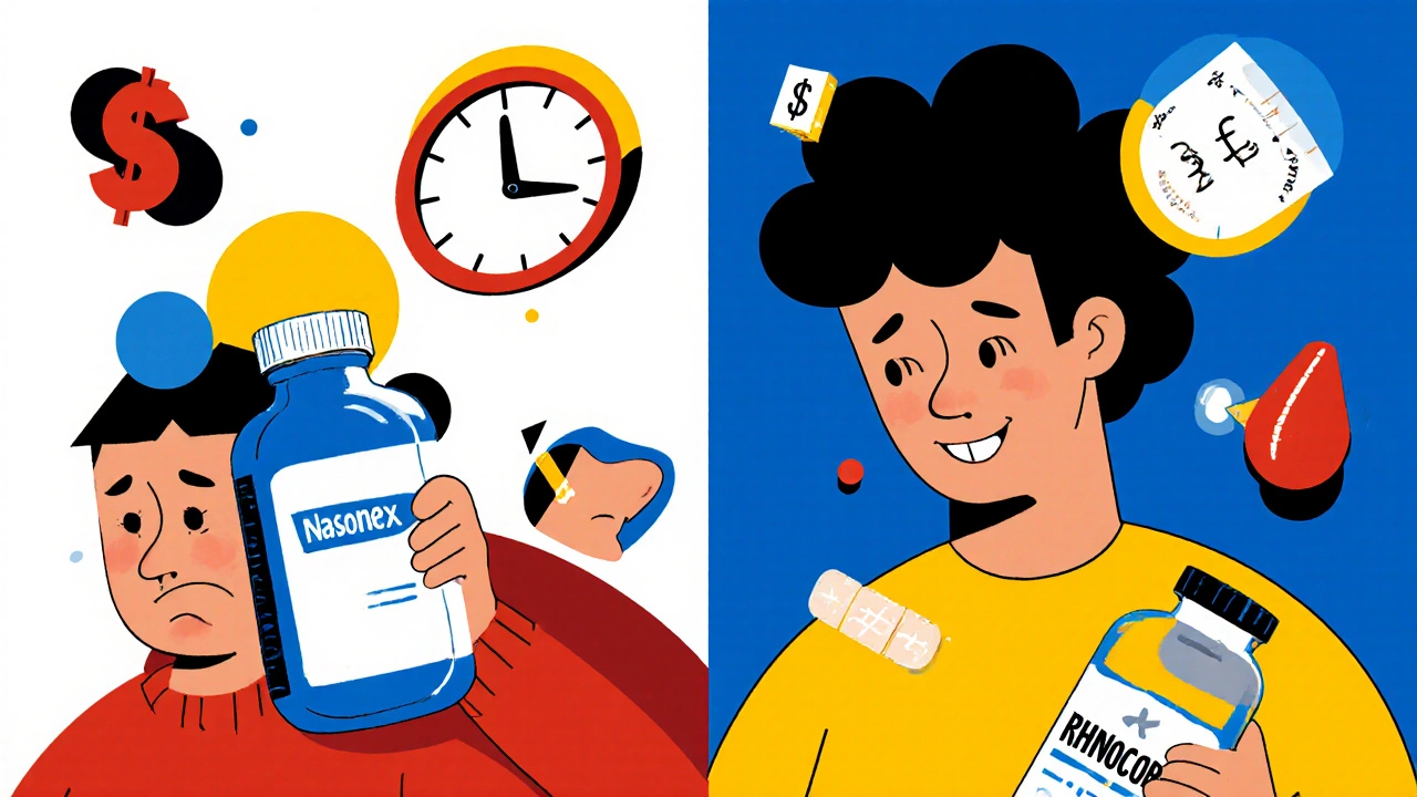 Split scene comparing expensive Nasonex to cheap Rhinocort with cost, speed, and side effect icons in bold primary colors.