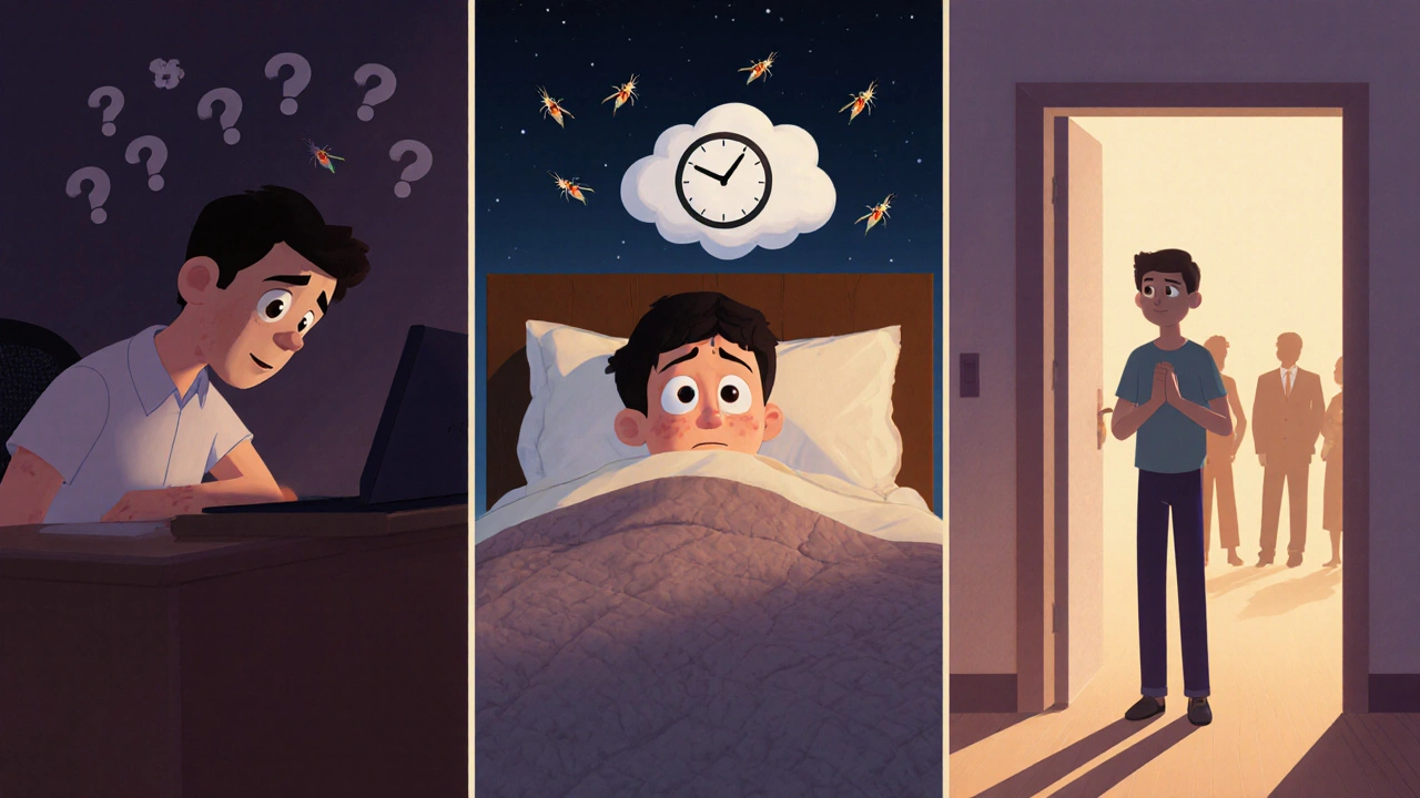 Split scene of anxious, depressed, sleepless figure illustrating mental impacts of chronic itch, Pixar style.