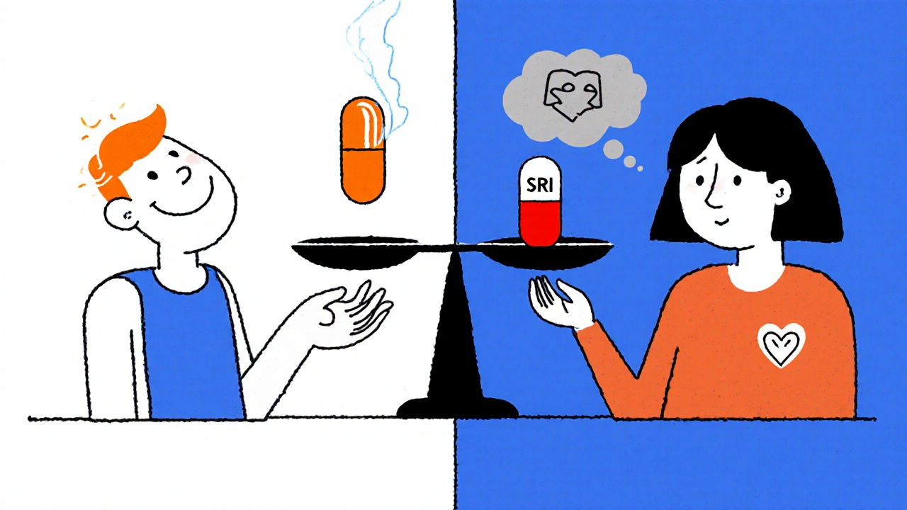 Split scene showing Wellbutrin SR with smoking cessation and weight scale versus SSRI with anxiety cloud, balanced on a scale.