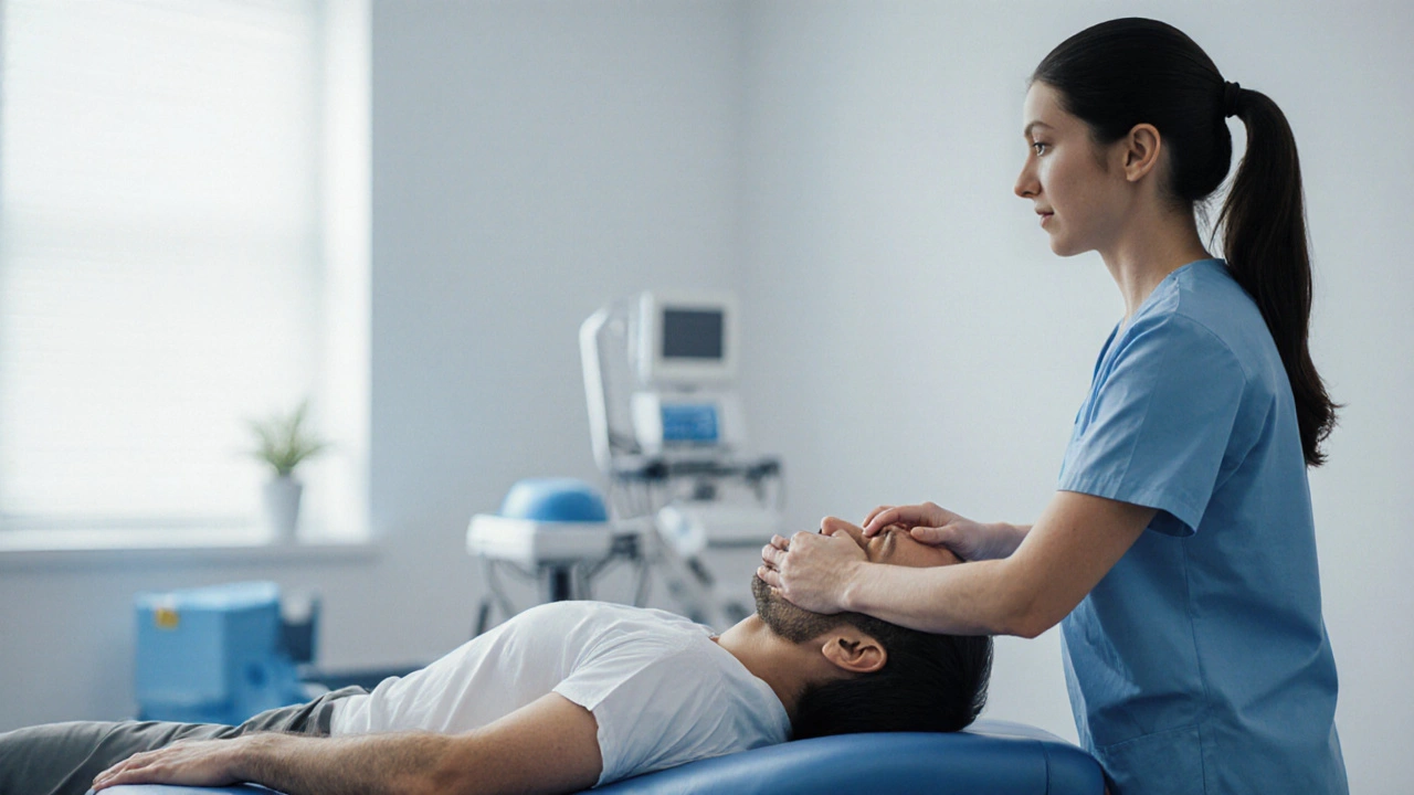 Therapist assisting patient with the Epley repositioning maneuver.