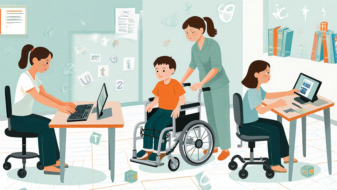 Therapists helping a child use adaptive keyboard, gait brace, and eye‑gaze tracker.