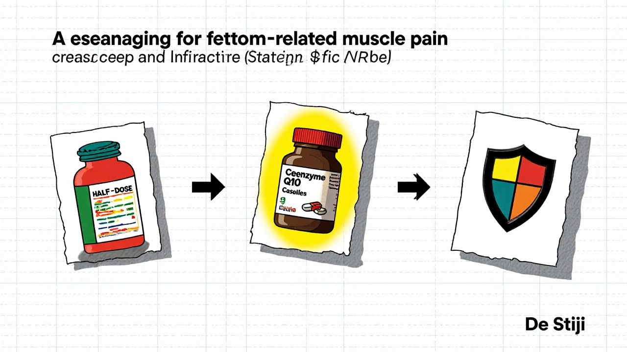 Three-panel visual of medication steps for statin muscle pain, rendered in De Stijl cartoon style.