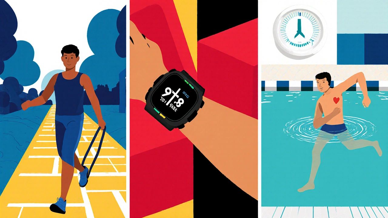 Three panels showing walking, resistance bands, and pool exercise for safe workouts.
