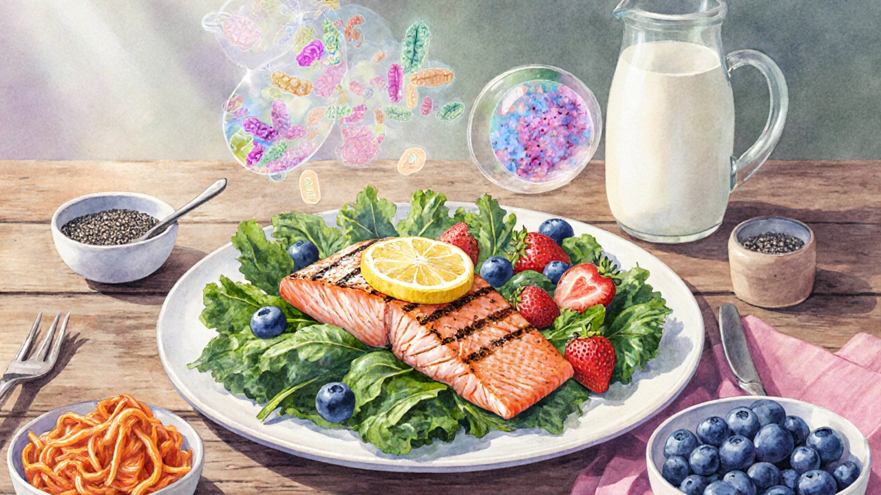 Watercolor spread of salmon, greens, berries, and fermented foods with floating gut‑friendly bacteria.