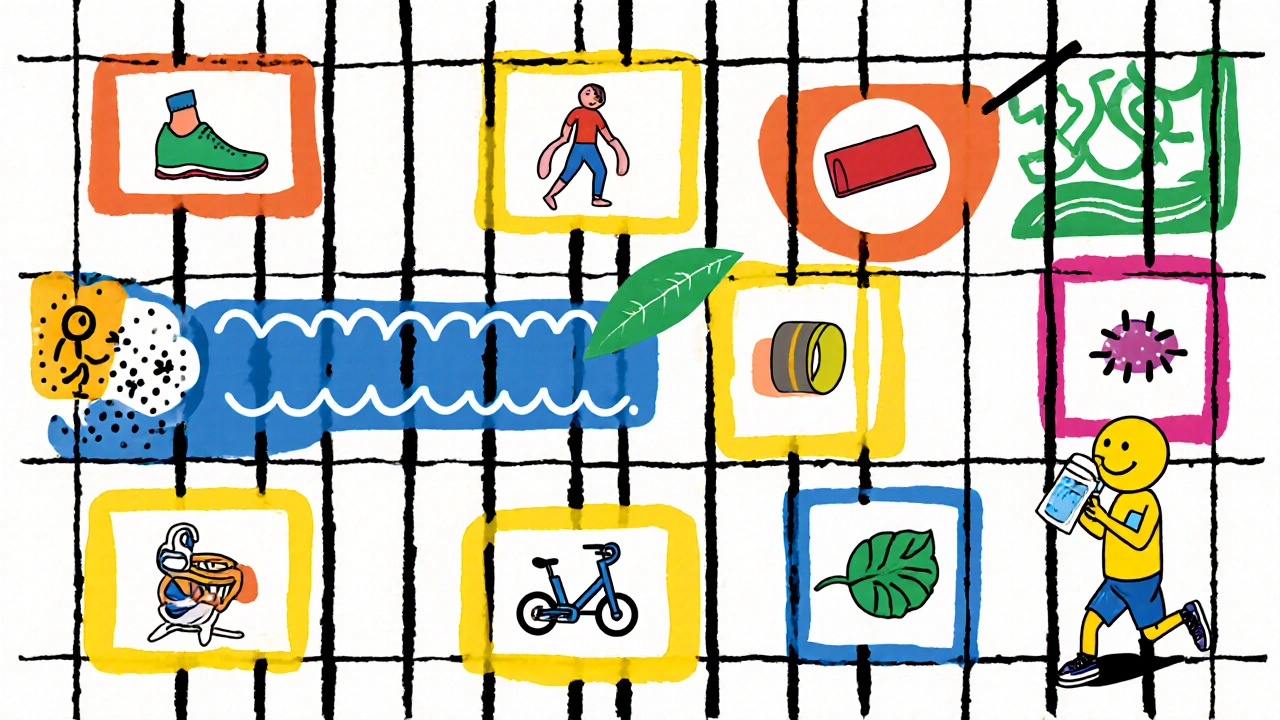 Weekly planner with icons for walking, yoga, resistance, hydrotherapy, and rest days.