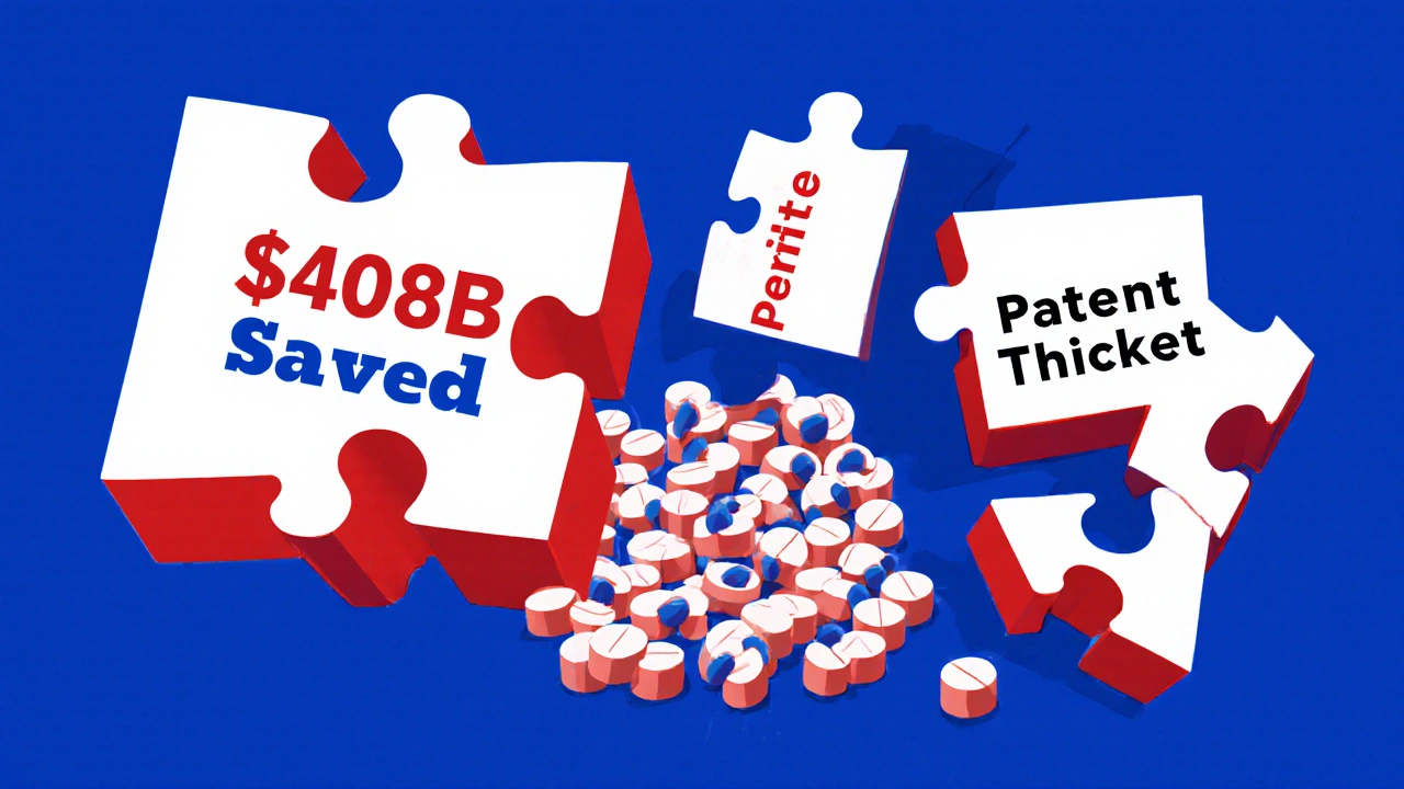 A broken puzzle representing healthcare costs, with one piece labeled &#039;8B Saved&#039; fitting into a structure of generic pills.