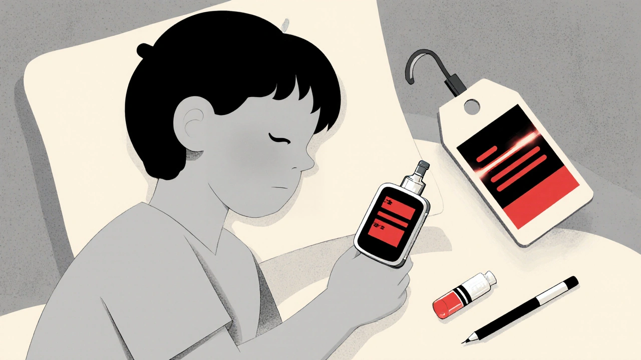 A parent watching a sleeping child with a glowing insulin pump nearby, abstract lines show stable blood sugar levels.