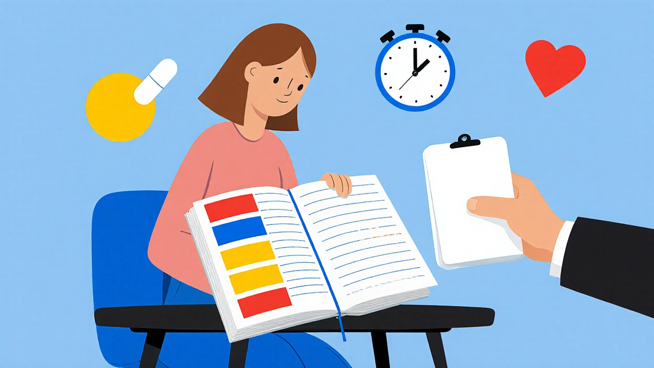 A person logging side effects as colored geometric shapes in a notebook, with a doctor’s hand offering guidance.