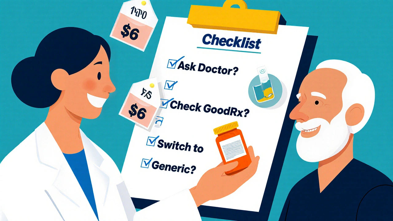 A pharmacist giving a prescription to a patient with a checklist of savings steps, rendered in De Stijl abstract style.