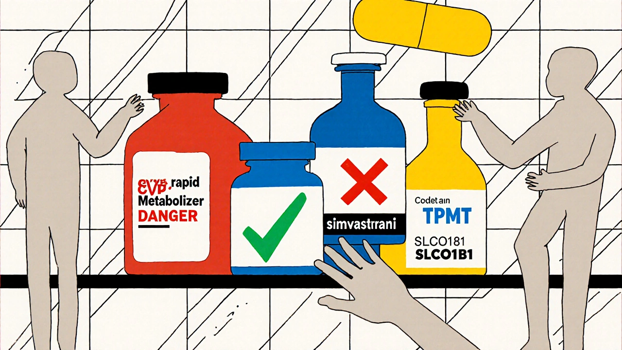 A pharmacy shelf with medications marked by gene symbols; one dangerous drug crossed out, others approved with checkmarks.