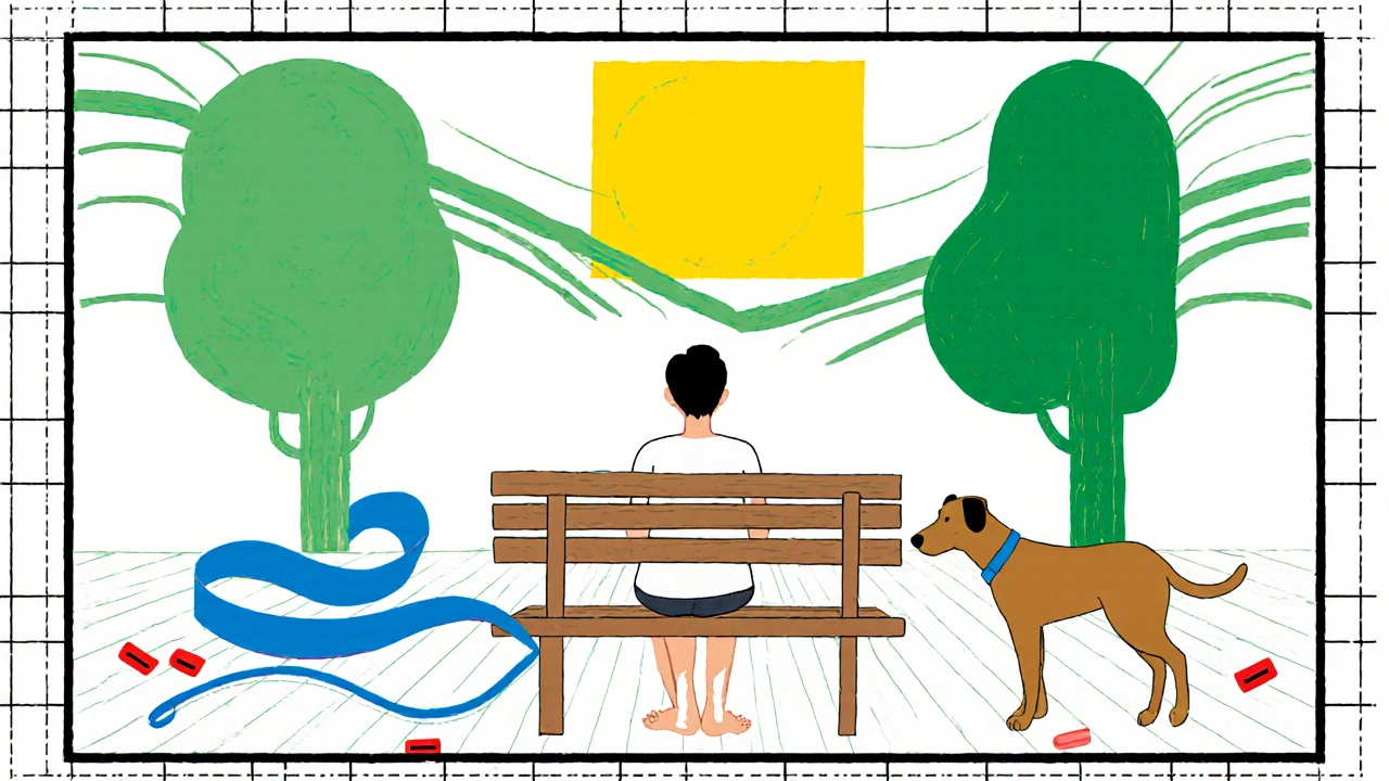 A quiet morning scene with abstract shapes representing pills, a dog, and a journal under a yellow sun, all framed by black grid lines.